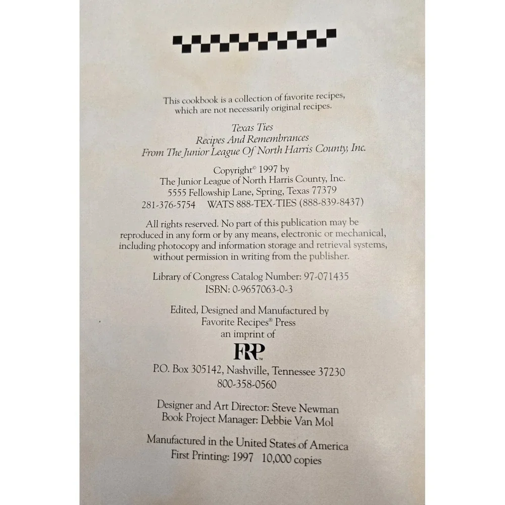 TEXAS TIES Cookbook, Junior‎ League of North Harris County SPRING TX (1997) GUC